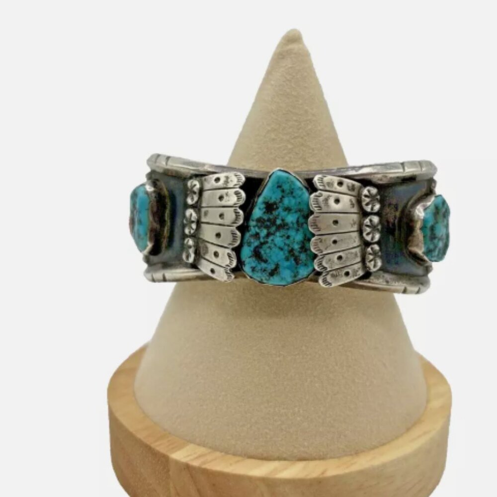 Vintage ML Native‎ American Navajo Zuni Silver Turquoise Coral Cuff Bracelet - Picture 12 of 14